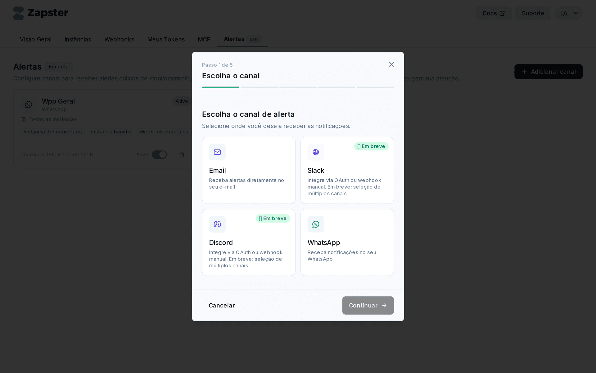 Painel de alertas da Zapster API