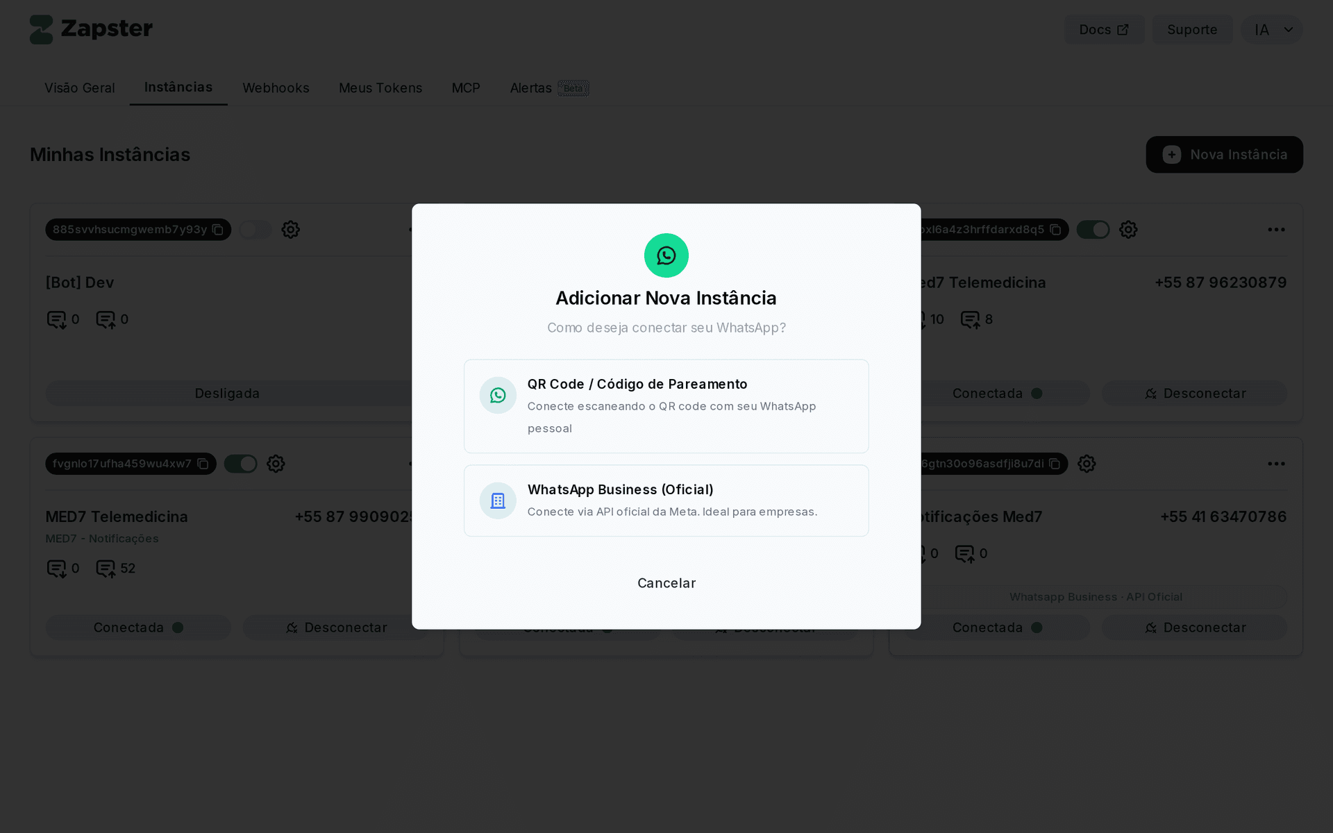 Modal de criação de instância mostrando opções oficial e não oficial