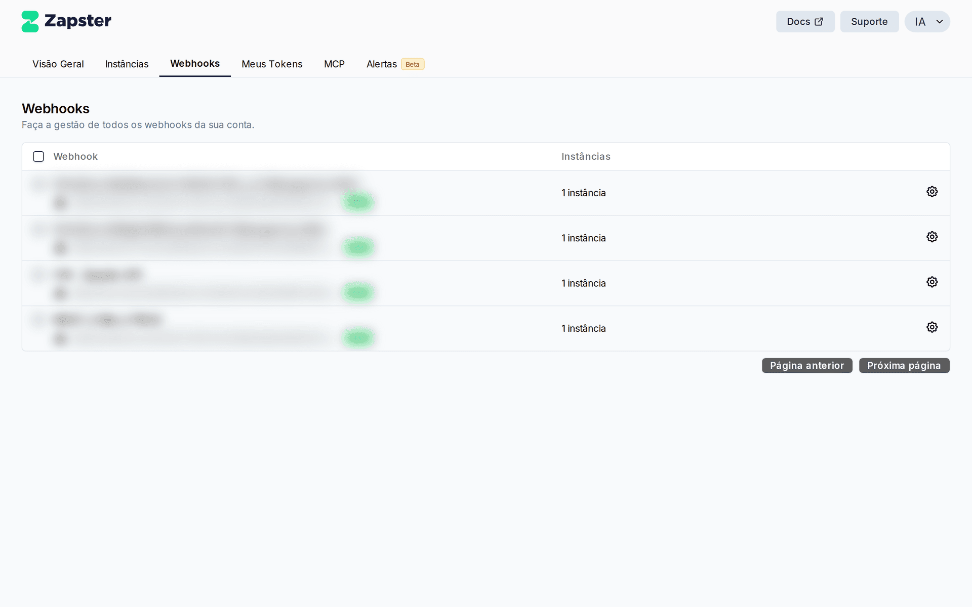 Painel de webhooks da Zapster API mostrando eventos em tempo real